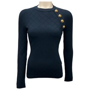 BOTTEGA VENETA NAVY / GOLD BUTTON DETAIL LONG SLEEVED KNIT SWEATER